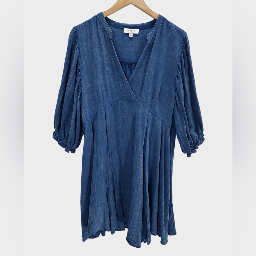 Umgee Chambray Mineral Wash Tunic Dress Surplice V Neck Puff Sleeve Casual 1XL